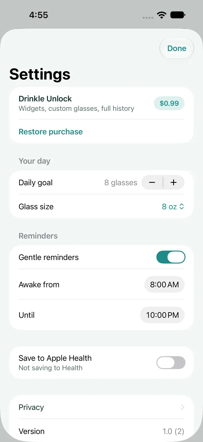 Drinkle Settings with reminders and Apple Health